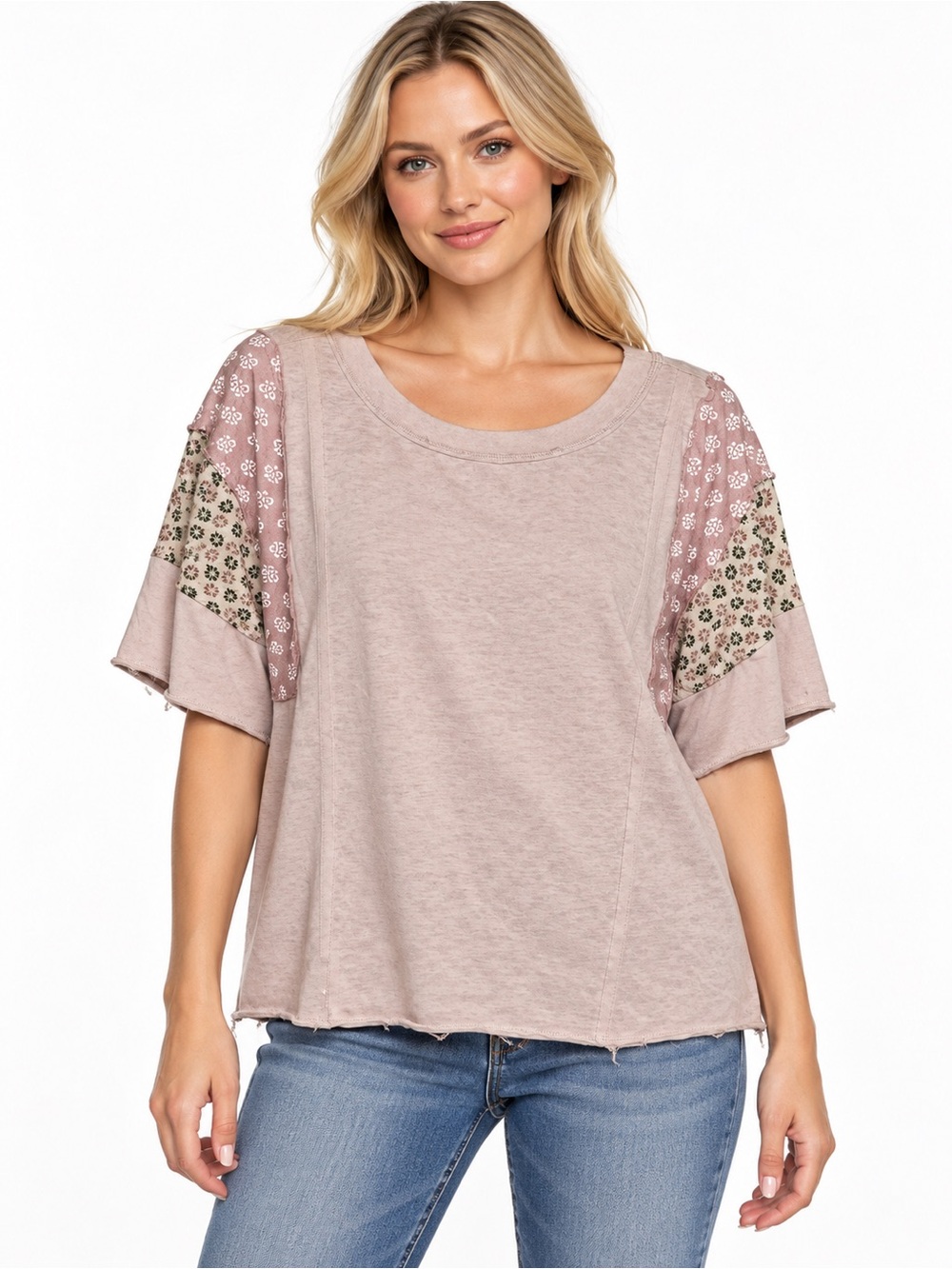 Easel Size Medium Women's Dusty Rose Short Sleeve Scoop Neck Top